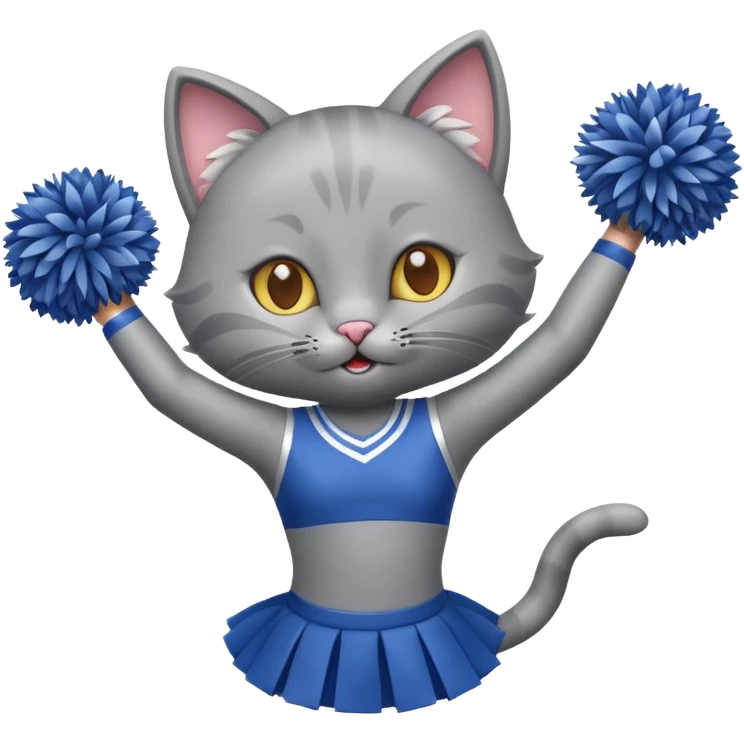 A sleek grey cat cheerleader twirling pom-poms with confident energy. emoji