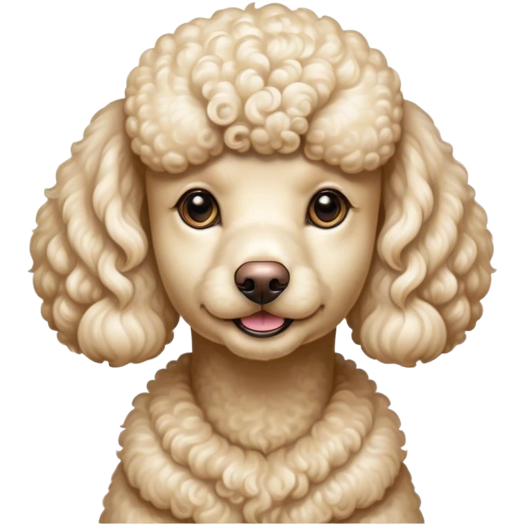 Cinematic Noble Cream Poodle Portrait Emoji, Poised and regal, with a refined, elegant build and a meticulously groomed, curly cream Fur, deep-set soulful warm eyes, Simplified yet sharp and sophisticated features, highly detailed, glowing with a soft, dignified glow, high shine, intelligent and graceful, stylized with an air of sophistication, focused and attentive, soft glowing outline, capturing the essence of a watchful and confident companion, so majestic it feels as though it could prance out of the screen with effortless authority! emoji