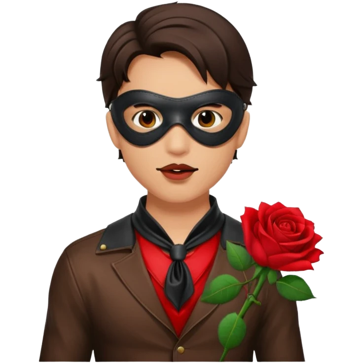 brunette young adult man with leather eye mask and leather halter neck blouse, holding rose with his mouth emoji