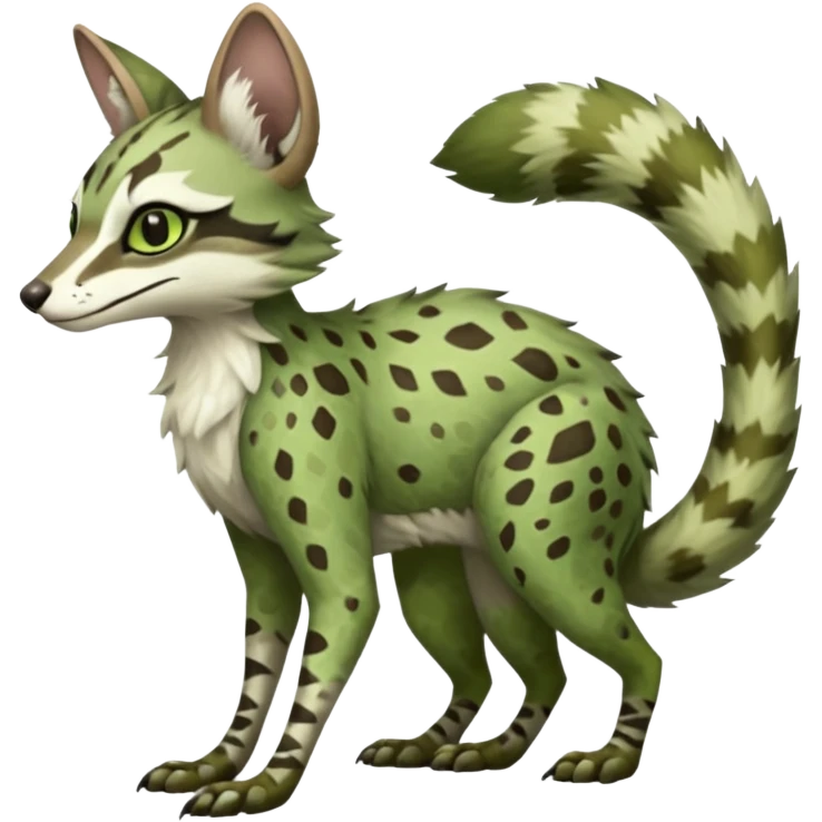 Feral Rare Fantasy   sage-green and moss-brown camouflage-speckled matte fur Vernid-Sergal-Genet-Trico-species by LiLaiRa, random markings, tufted tail, tufted ears, full body emoji