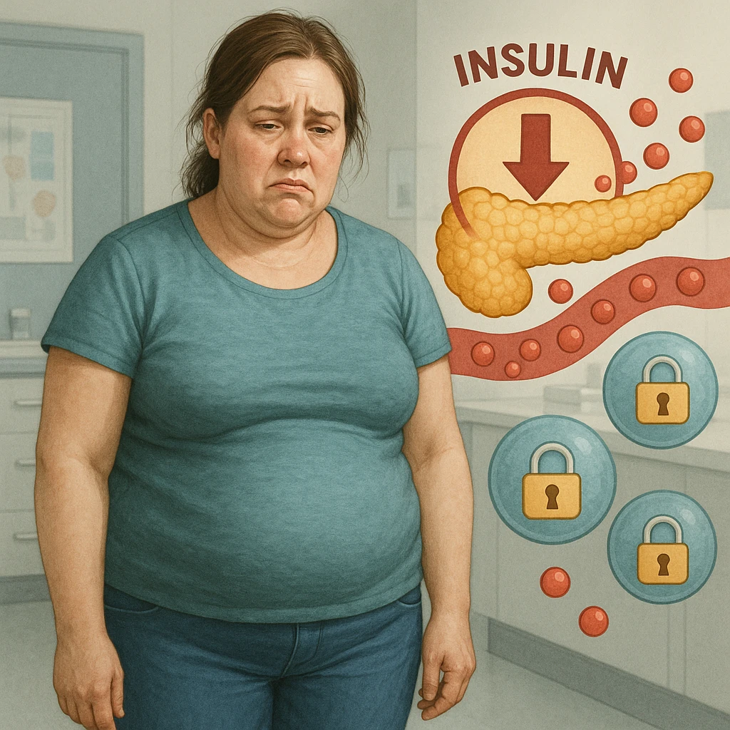 Realistic woman about 38 years old, overweight localized on abdomen and face, in a clinical environment. Expression of fatigue and frustration. Around: stylized pancreas with low insulin symbol, glucose in the blood, cells with closed padlocks. Realistic and symbolic style. emoji