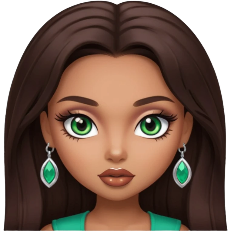 pretty bratz baddie,, pretty emerald eyes long darkbrown hair, pretty makeup, long lashes, latina features emoji