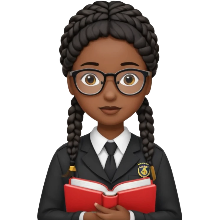 Girl student wearing uniform, glasses, hold book in front of their chest, black braided hair, dark skin emoji
