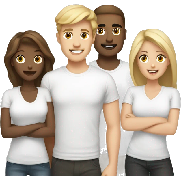 Digital team emoiji consisting of 2 women and 3 men. One blonde woman, one blond man, rest brown hair. All white in tshirts. emoji