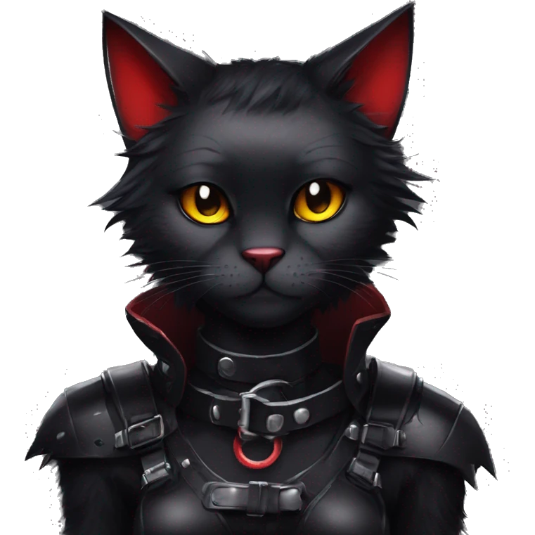 Anthro Edgy Cool Beautiful Black Cat-Fursona with Emo Hair-bangs with Red Streaks Chest Harness Spiked Collar Bat Wings emoji