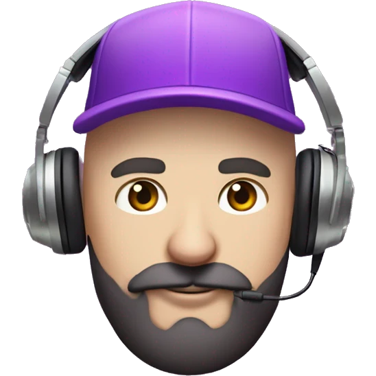Bald white guy with purple baseball hat with flat rim short black beard and mustache wearing  gaming headphones and a psychedelic shirt with a unicorn on it and smoking a pipe emoji