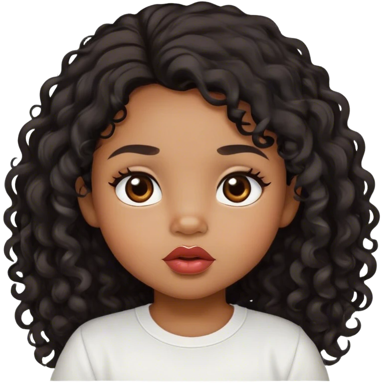 medium brown skin tone, very adorable toddler, with big plump lips, long long lashes, black curly long hair, brown eyes, white shirt emoji