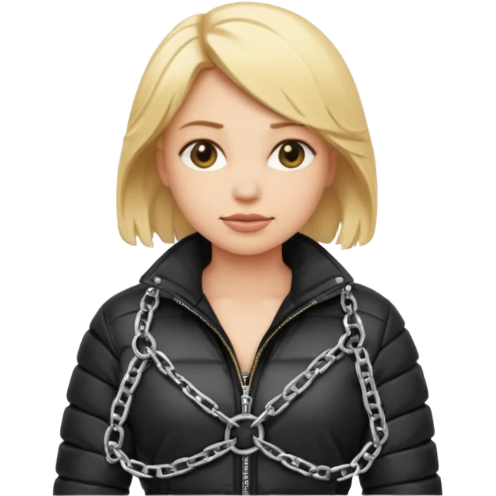 blond female emoji wearing a black down jacket, under bondage emoji