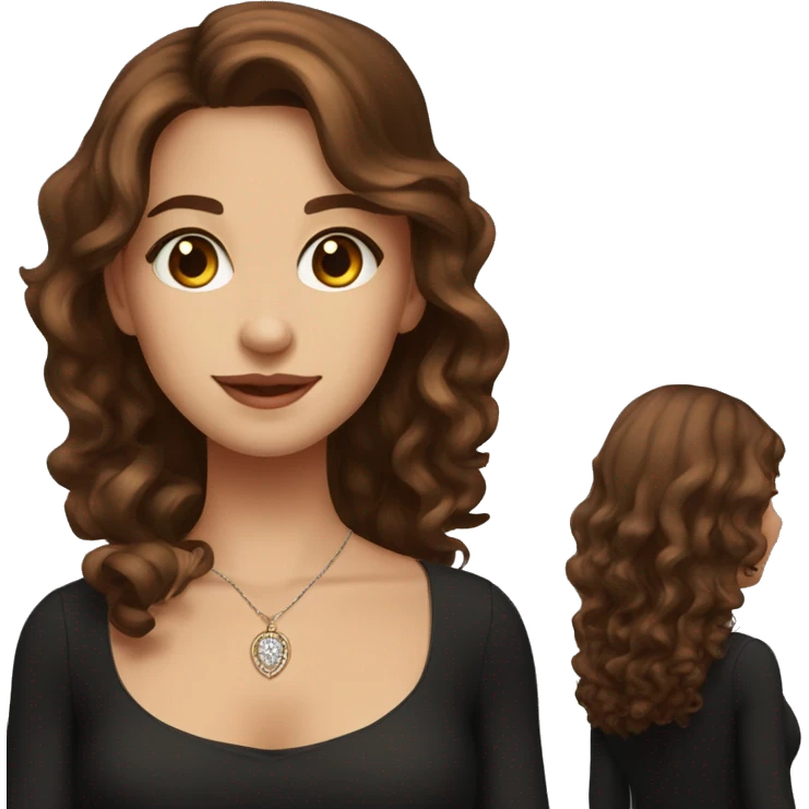 charming girl in black dress with brown wavy hair and brown eyes wearing necklace emoji