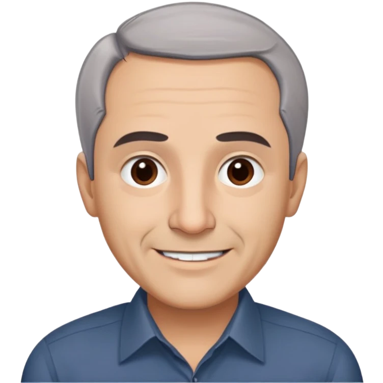 Famous Puerto Rican actor René Monclova with round face, wide jaw, light complexion. Expressive brown eyes, thick eyebrows. Short gray hair with visible receding hairline. Friendly smile. Wearing a dark formal shirt. emoji