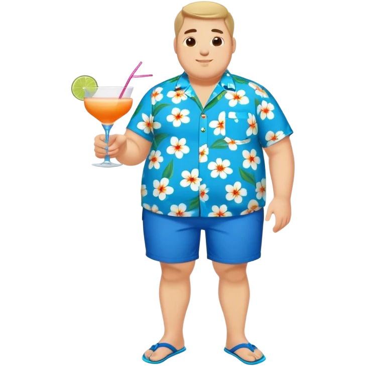 chubby guy full figure in a flowered azure havai shirt, brown shorts and flippers holding a cocktail emoji