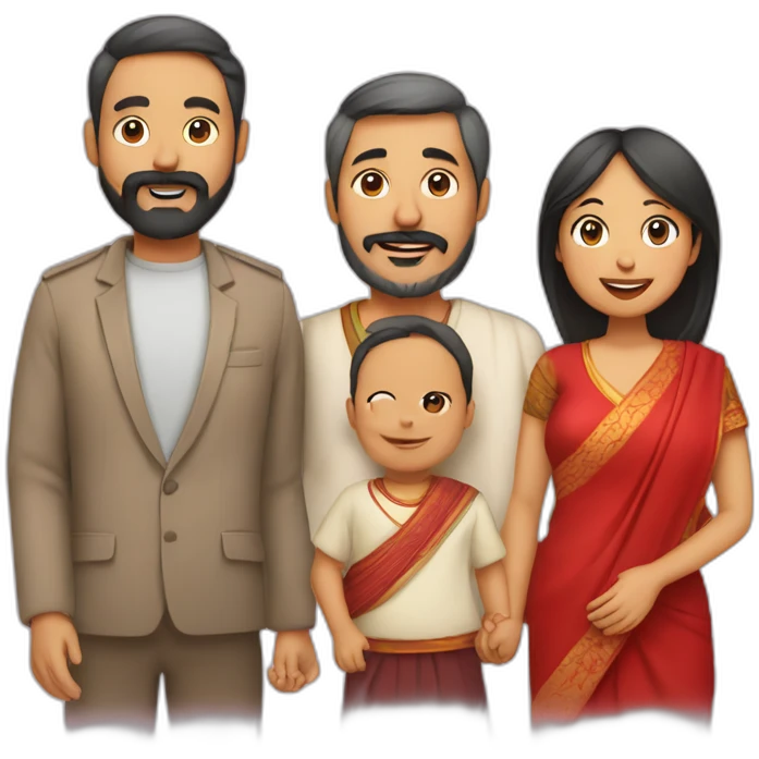 A family with Indian dad with beard and Chinese wife in red and 1 small baby emoji