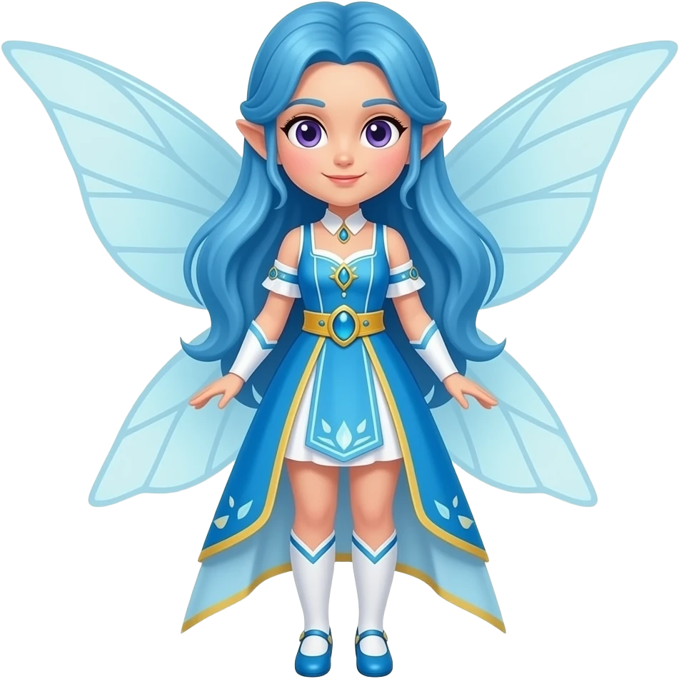 A female water fairy with a full body, blue hair violet eyes and wearing a blue outfit with white and cream yellow accents. (Pokémon style.) emoji