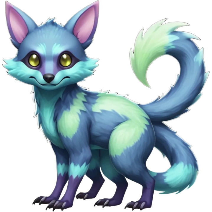 Realistic Sharp mossy elemental detailed Colorful translucent luminescent glowing Trico-Noibat-batty-Sergal-Furret-Ferret-Wolverine-Vernid-furry-fursona-fusion-Fakemon-animal-hybrid-creature, full body emoji