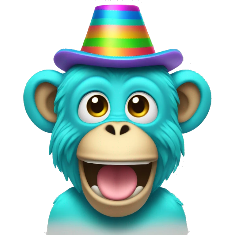 Cyan monkey with rainbow party hat emoji