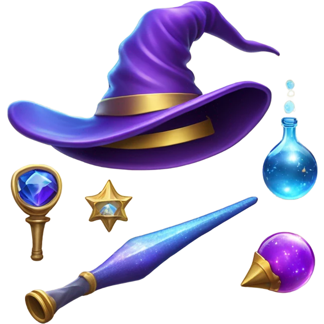 A unique set of emoji related to magic and sorcery. It needs to be in purple, blue and gold colors with glow and shine emoji