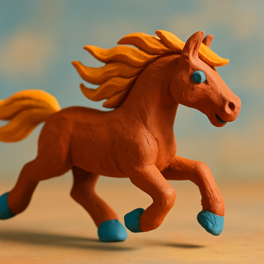 horse running with flowing mane, vibrant colors, soft lighting, claymation style emoji