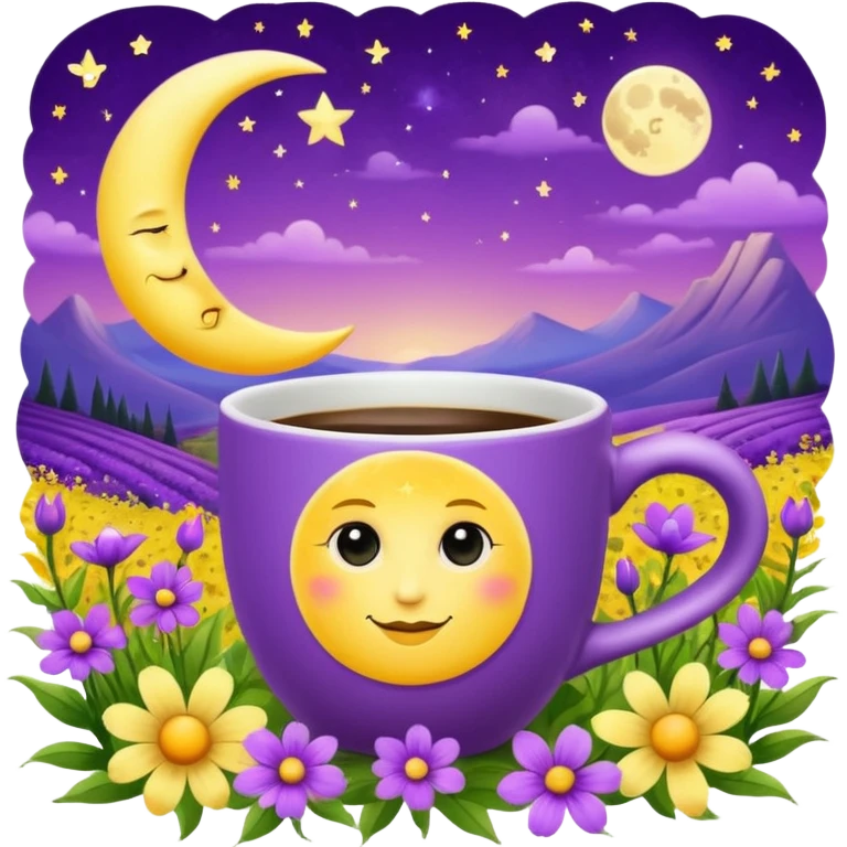 Coffee cup positioned with handle on the left, coffee cup with the moon on the coffee cup, in a field of beautiful mystical purple and yellow celestial flowers  emoji