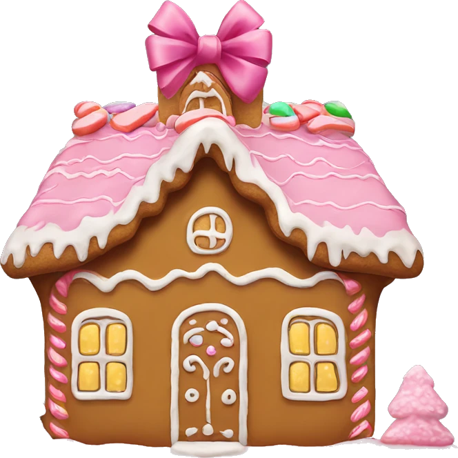 Gingerbread house with a pink bow￼ emoji
