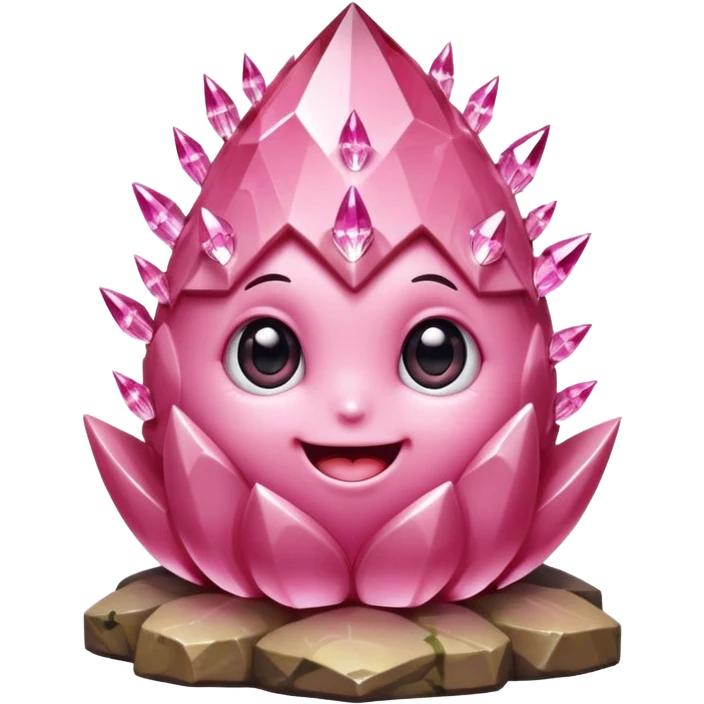 A single cute pink crystal cluster character, chunky round base with many tall rose-pink crystal spikes growing upward like a quartz cluster, faceted and slightly imperfect, on the front of the base a kawaii face with big shiny eyes and a happy open smile very shiny emoji