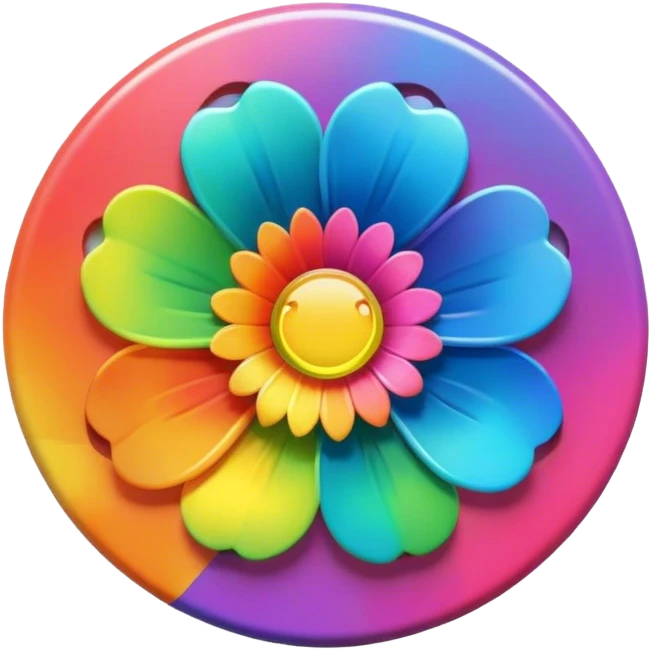 A round psychedelic colored button with bezeled edges and a rainbow colored flower in the center emoji