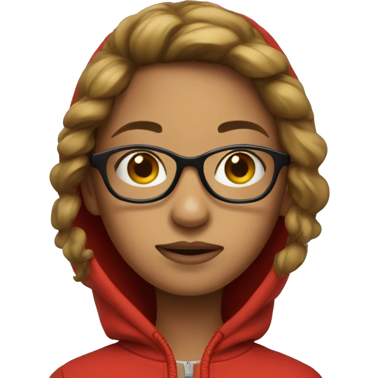 girl in a red hoodie zipped over the face, wearing glasses emoji