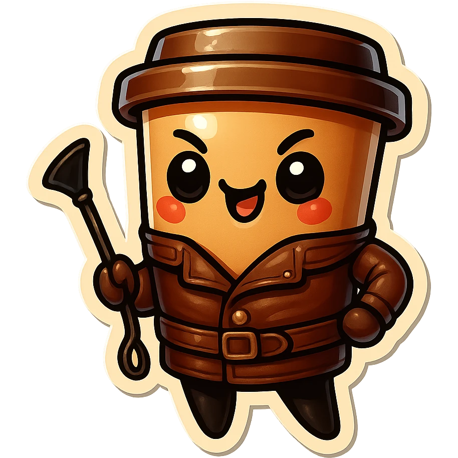 Tall coffee cup, dressed in leather holding a whipping crop, mischevious, emoji