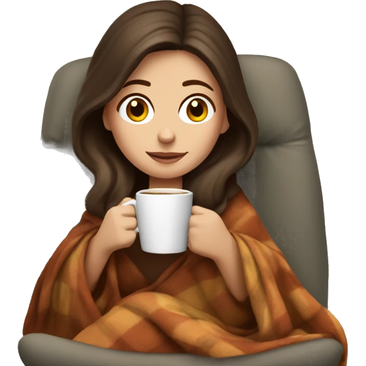 Brunette white girl covered in blanket autumn vibe sitting on a cozy chair holding coffee emoji