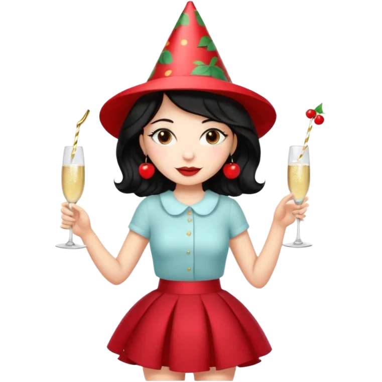 A woman with wavy black hair in a cherry skirt, beautiful and authoritative, drinking champagne emoji