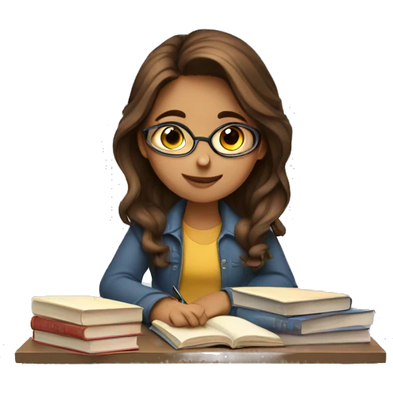 Girl with brown hair studying with lots of books emoji