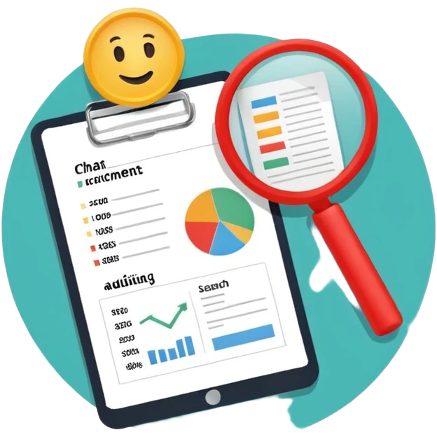 Checking and auditing estimate documents with search icon and infographic chart emoji
