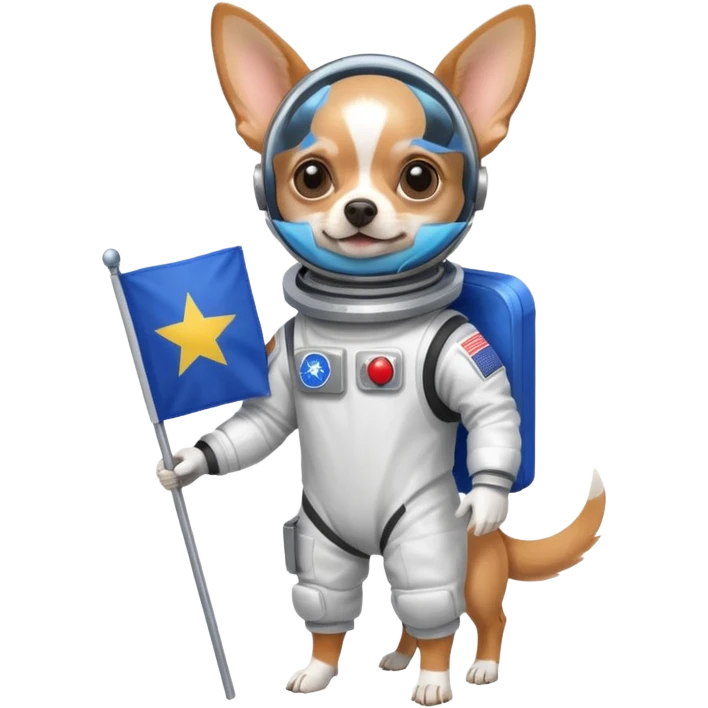 a chihuahua in space suit, holding blue rectangle flag, full body, front view emoji