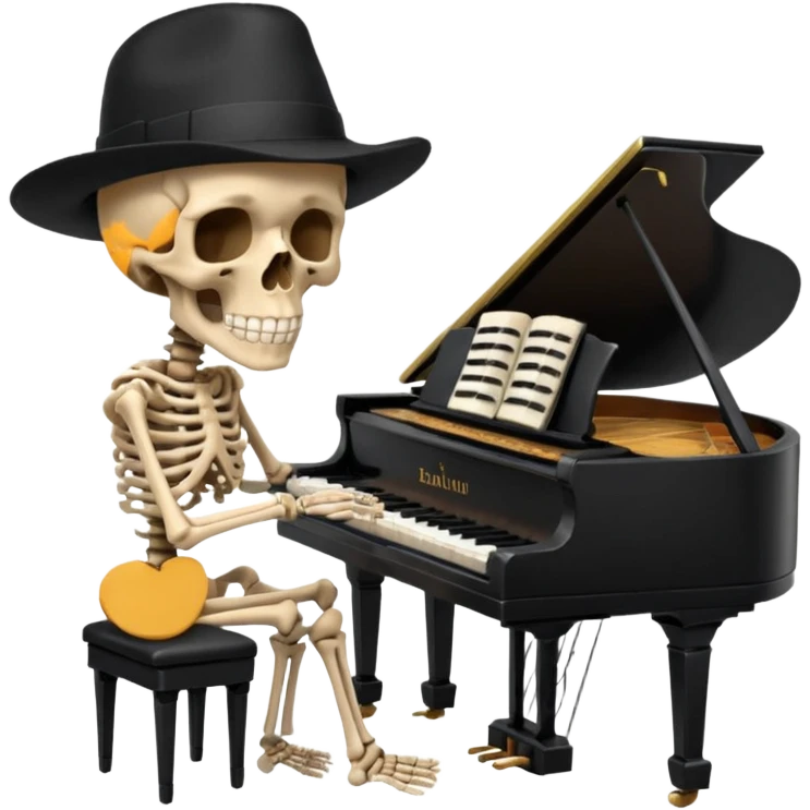 a human skeleton in anatomical proportion wears a black hat and plays the piano emoji