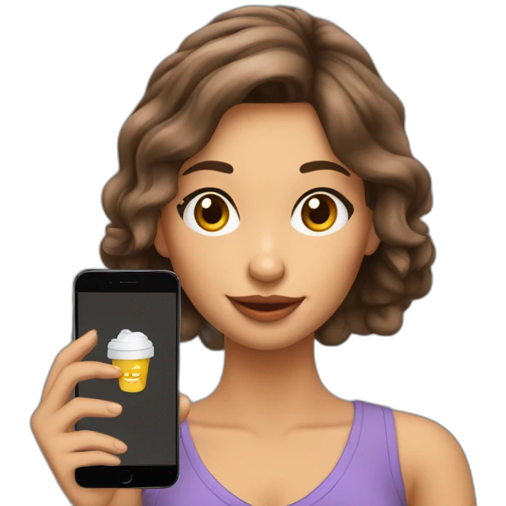 Chica de cabello largo cafe con un smartphone en la mano emoji