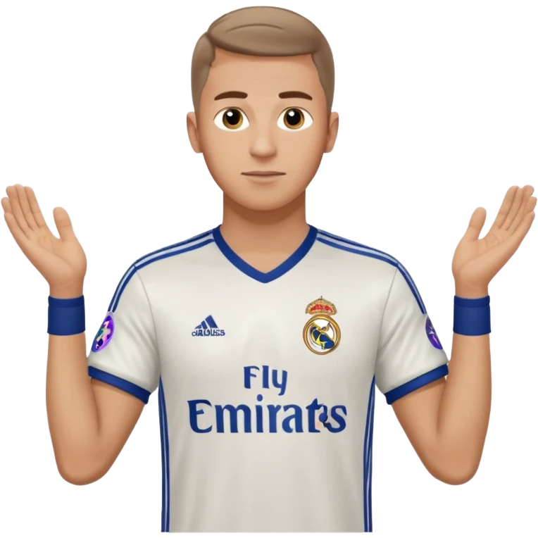 White male wearing Adidas Real Madrid jersey with Champions logo on sleeve emoji