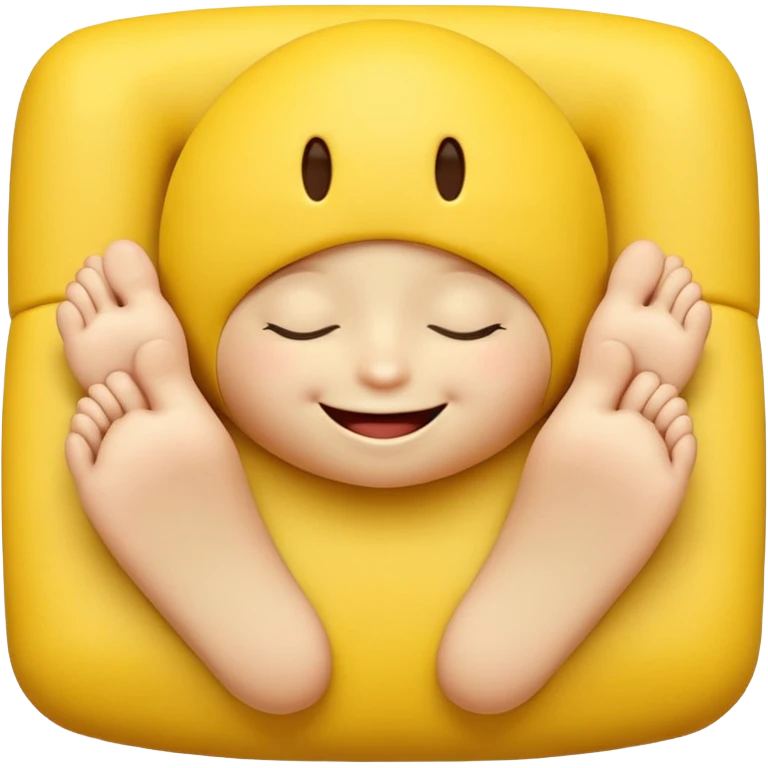 Cute 3D yellow smiley, closed eyes, smile, feet up, hands under chin, white background. emoji