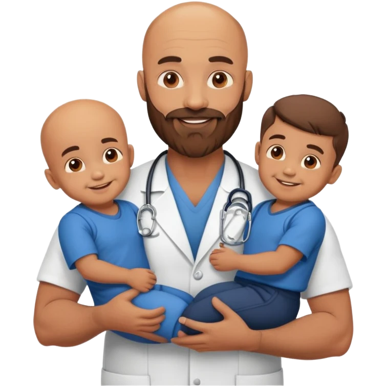 Muscular bald doctor with brown beard holding three sons emoji