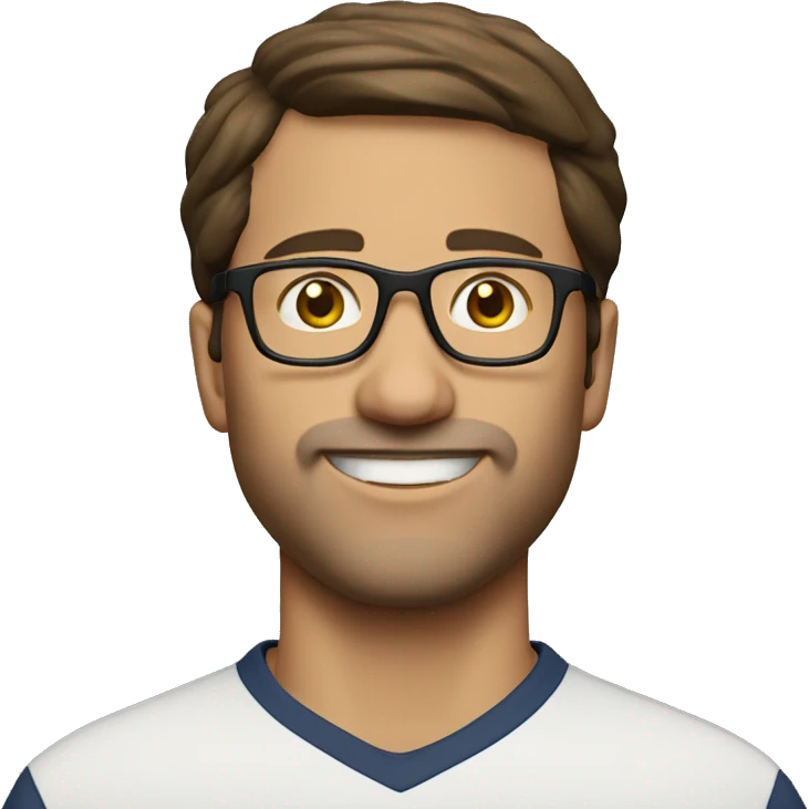 man mid 30 age arsenal shirt glasses short brown hair arms up emoji