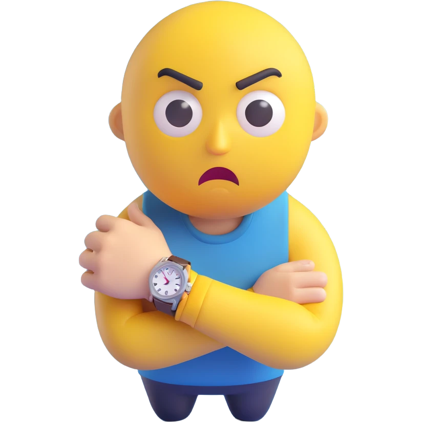 A yellow emoji face with a worried expression, looking at a wristwatch with raised eyebrows, showing urgency and stress emoji