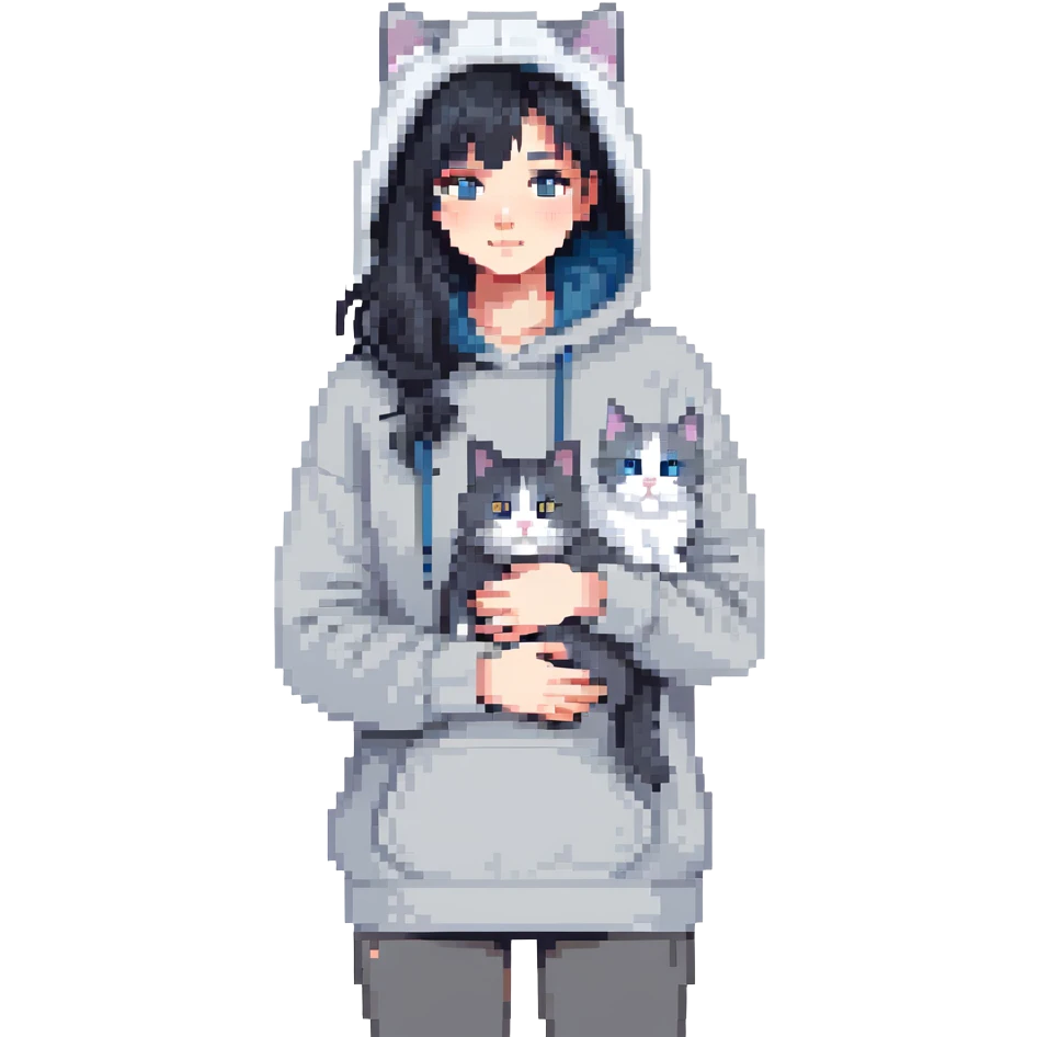 Girl with black hair in gray hoodie with a British shorthair blue and white cat and a long-haired blue and white cat emoji