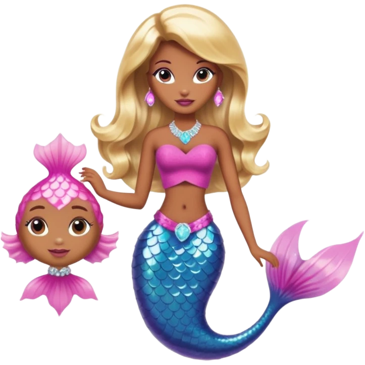 Brown skin blonde hair barbie mermaid with pink diamond tail  with pufferfish emoji