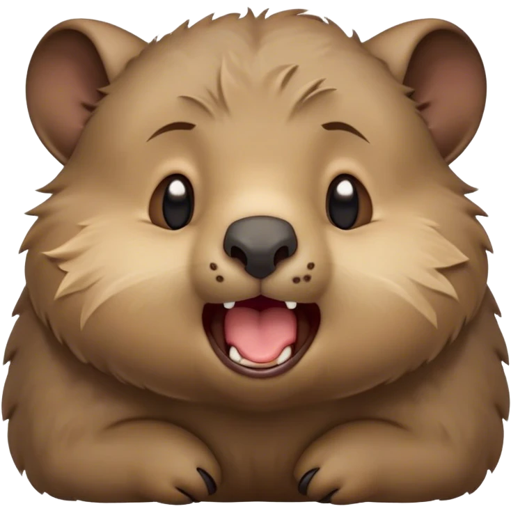 Cinematic Cute Yawning Wombat Portrait Emoji, Head tilted slightly with a dramatic, wide-open yawn, showcasing a soft, downy shaggy brown fur with drooping ears, round eyes barely open in drowsy contentment, Simplified yet irresistibly adorable features, highly detailed, glowing with a soft, cozy glow, high shine, relaxed yet expressive, stylized with a touch of rustic charm, bright and endearing, soft glowing outline, capturing the essence of a sleepy yet affectionate wombat, so drowsy it feels like it could stretch out of the screen and curl up for a nap! emoji