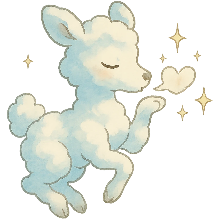 soft Ghibli-style cloud doe blowing a kiss with sparkles around her emoji