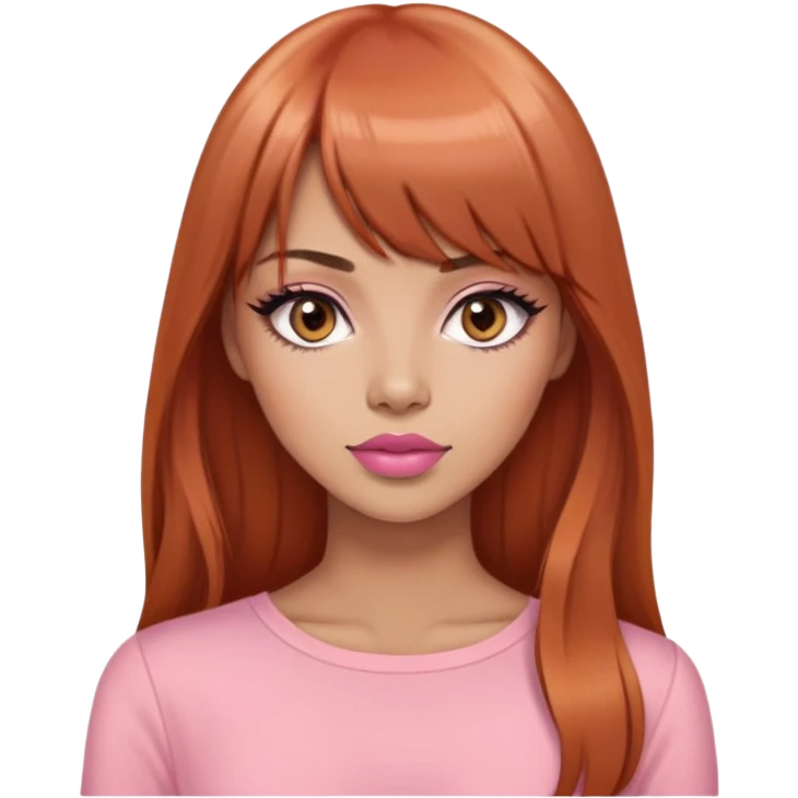 gorgeous woman, light tan skin, very long auburn hair, bangs, black eyes, peach lipstick, model, latina, asian, mixed, pink top emoji