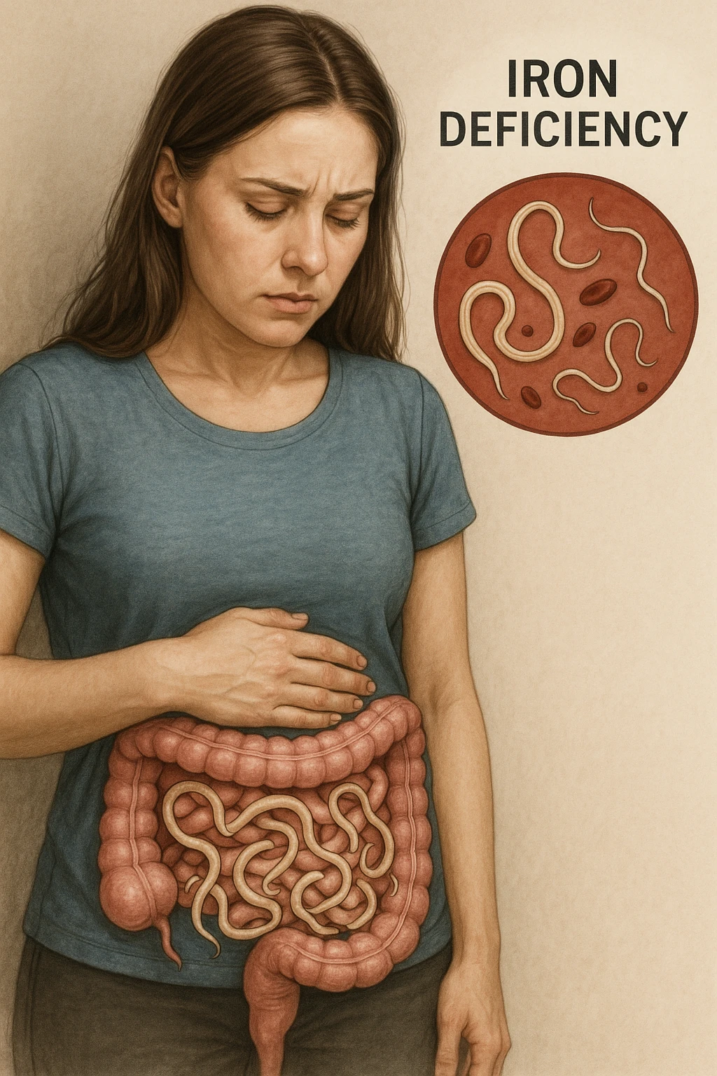 donna con parassiti intestinali che amano la sua carenza di ferro così possono svilupparsi. Immagini realistiche emoji