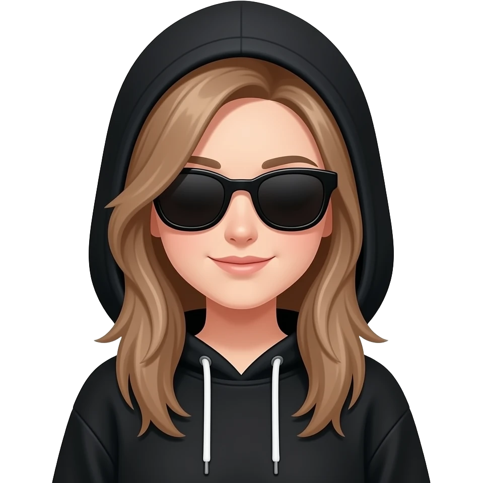 A girl wearing a Black hoodie with entire face is hidden in shadow.  She’s wearing black sunglasses and her long light brown hair is covering her face and runs down past her shoulders. The only part of her face showing slight smirk on the corner of her mouth. Her face is completely covered in shadow emoji