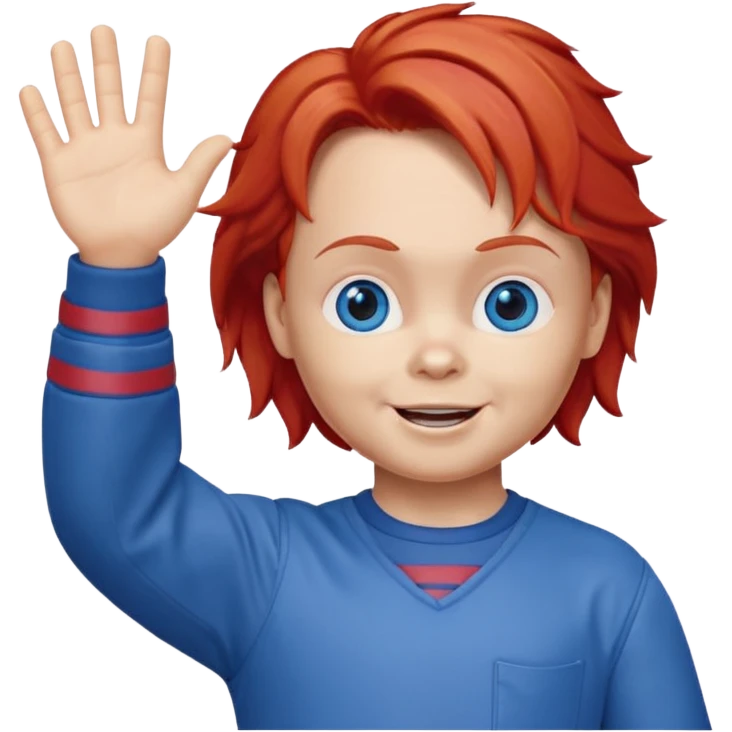 Can you create an emote for me referencing the Chucky character, with a happy and cute expression, that's waving emoji