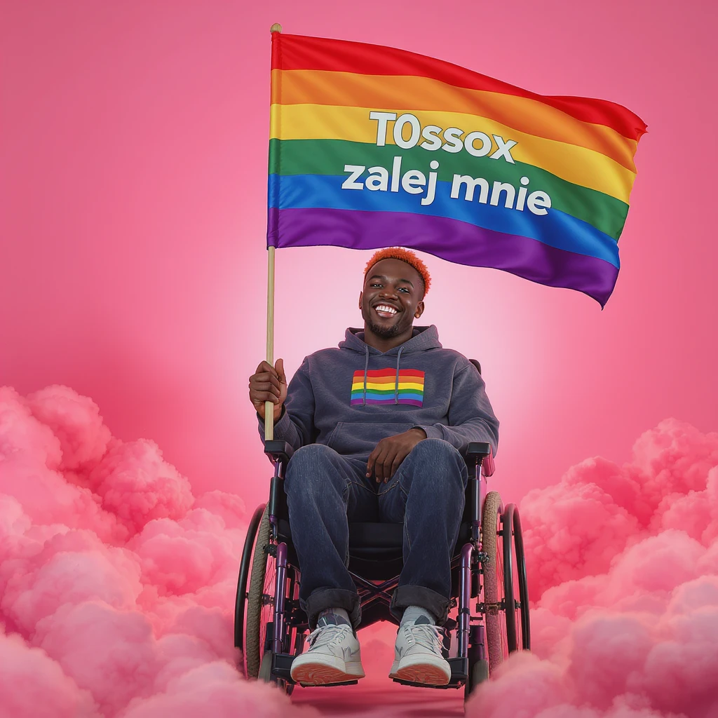 Cinematic shot advertising, Black man with red hair sitting on wheelchair holding lgbt flag holding text "T0ssox zalej mnie" pink clouds around, pink sky with pink back light emoji