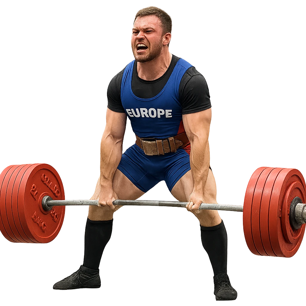 European powerlifter in competition, performing deadlift with very heavy barbell, expression of effort, competition clothing, isolated on white background emoji