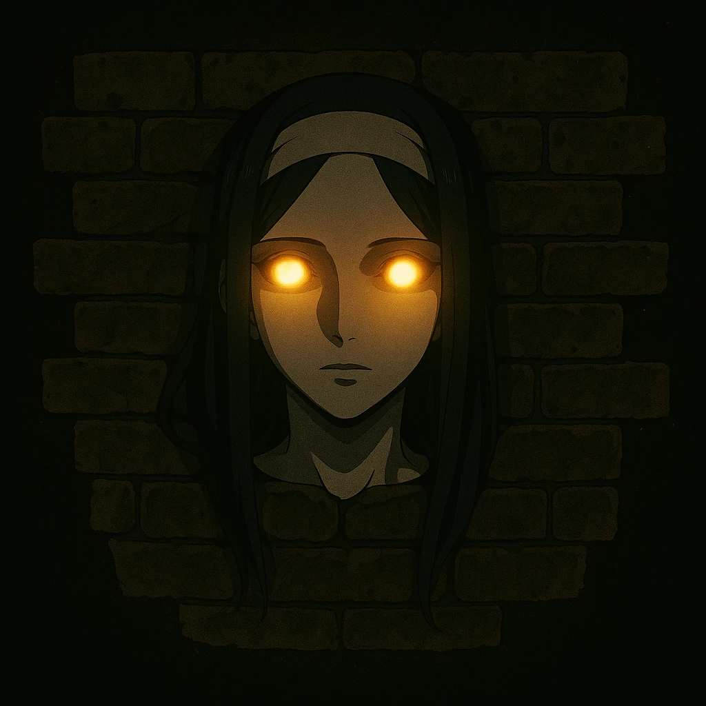 Add glowing eyes to Nigredo's face emerging from the brick wall, mysterious and slightly eerie, anime style. Maintain the anime style with a mysterious and slightly eerie atmosphere while adding glowing eyes. emoji